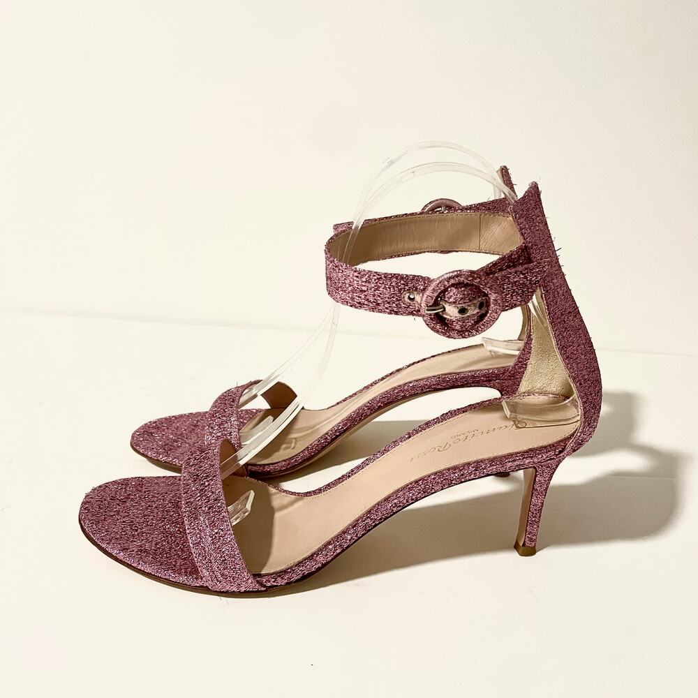 Gianvito Rossi Pink Foil Portofino 85 Sandals Low Heels Heeled Glitter Shoes 39